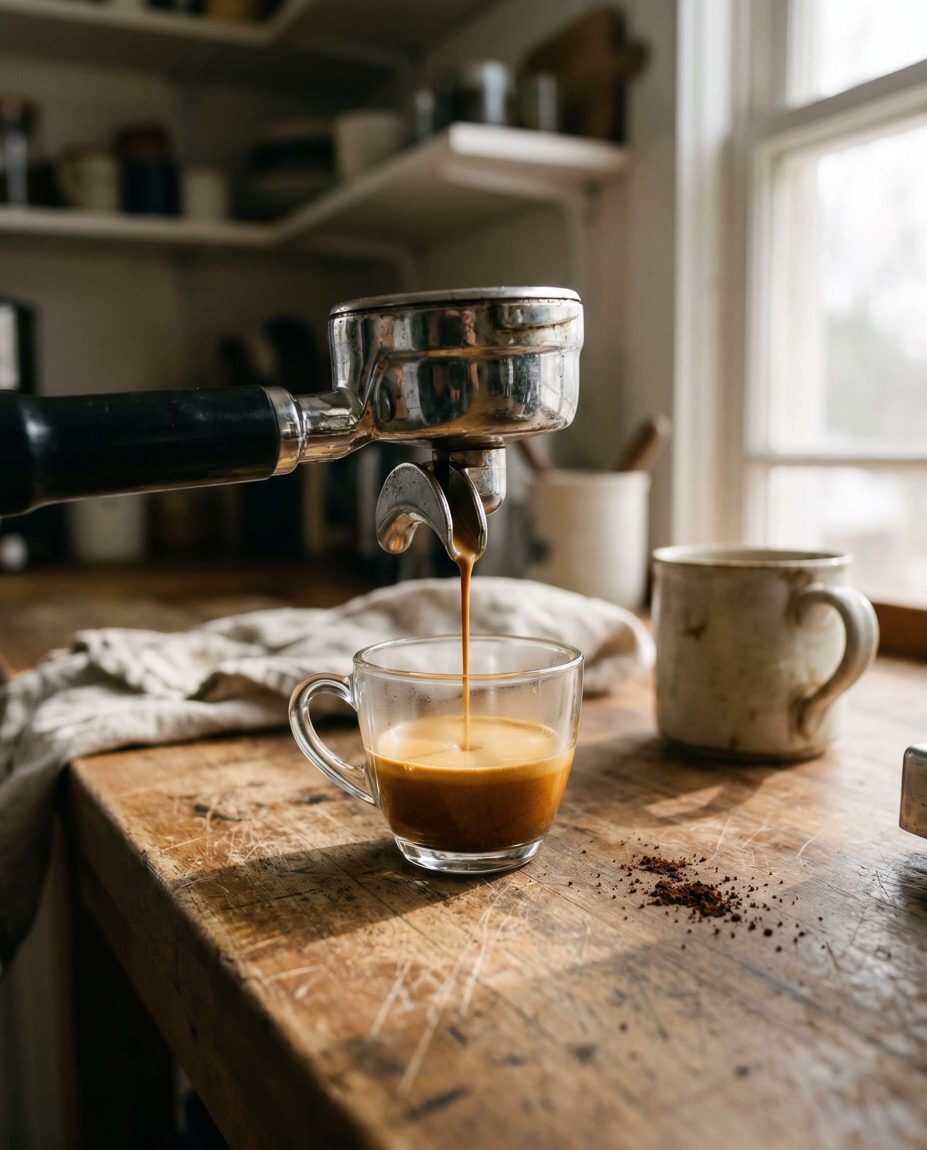 Espresso fließt aus dem Portafilter ins Glas — Crema baut sich auf, warmes Morgenlicht auf gebrauchter Holzbank