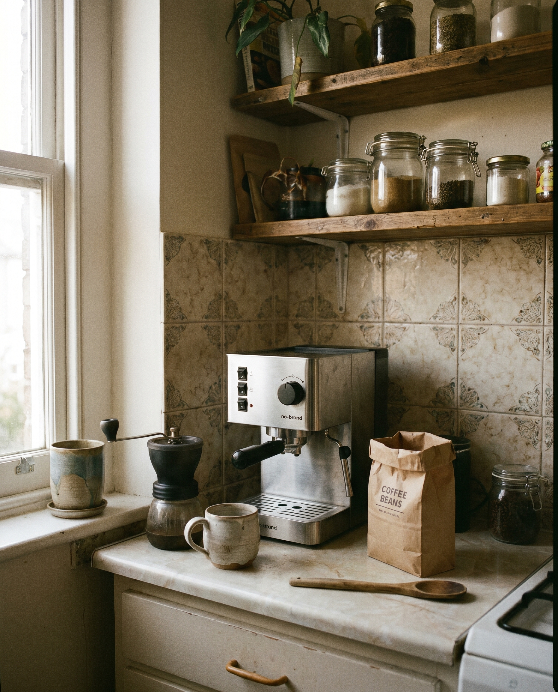 Kompakte Espresso-Ecke zwischen zwei Regalen — kleine Küche mit Maschine, Mühle und Bohnenbeutel
