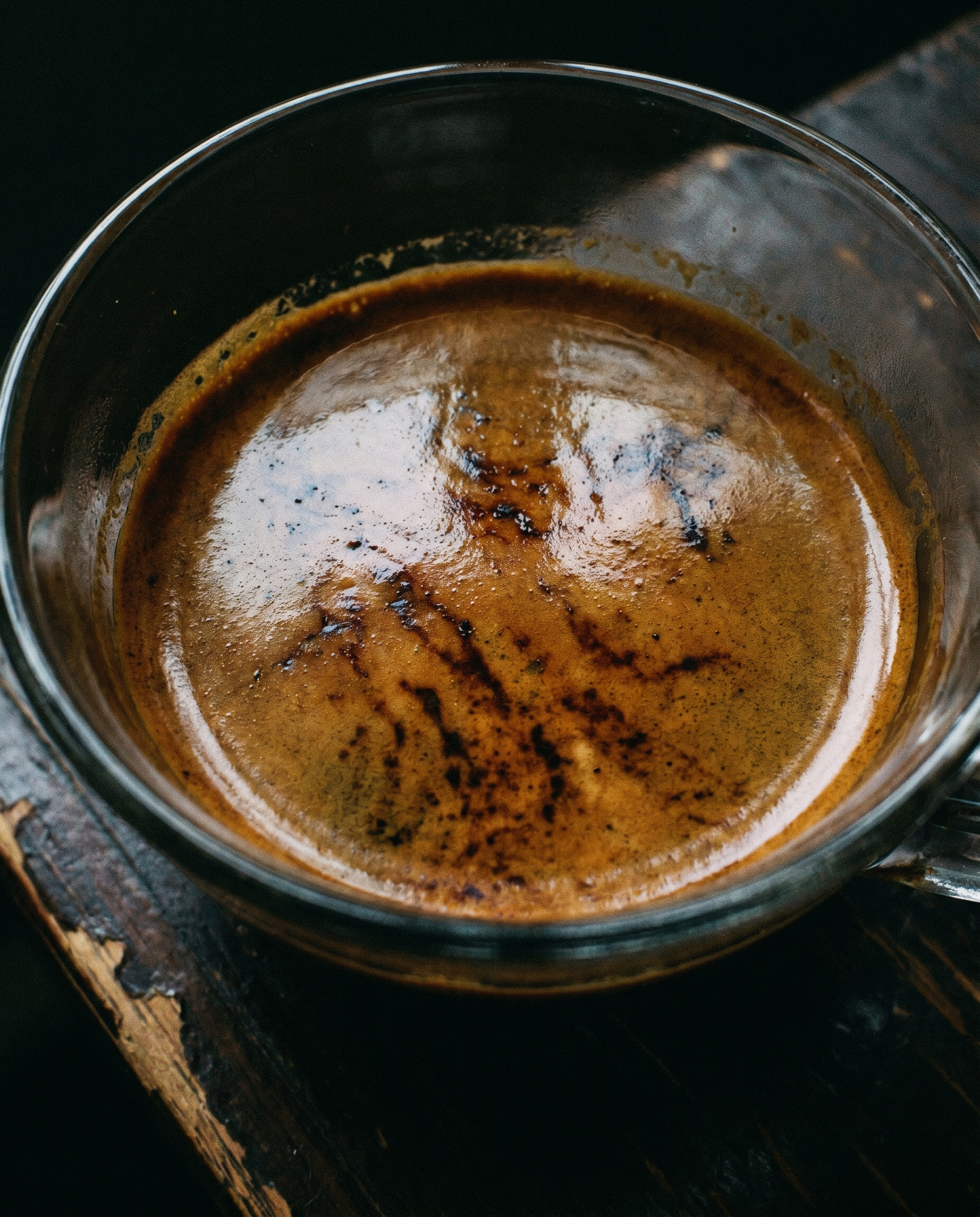 Dunkle, gestreifte Crema-Oberfläche eines überextrahierten Espressos — visuelles Zeichen für bitter
