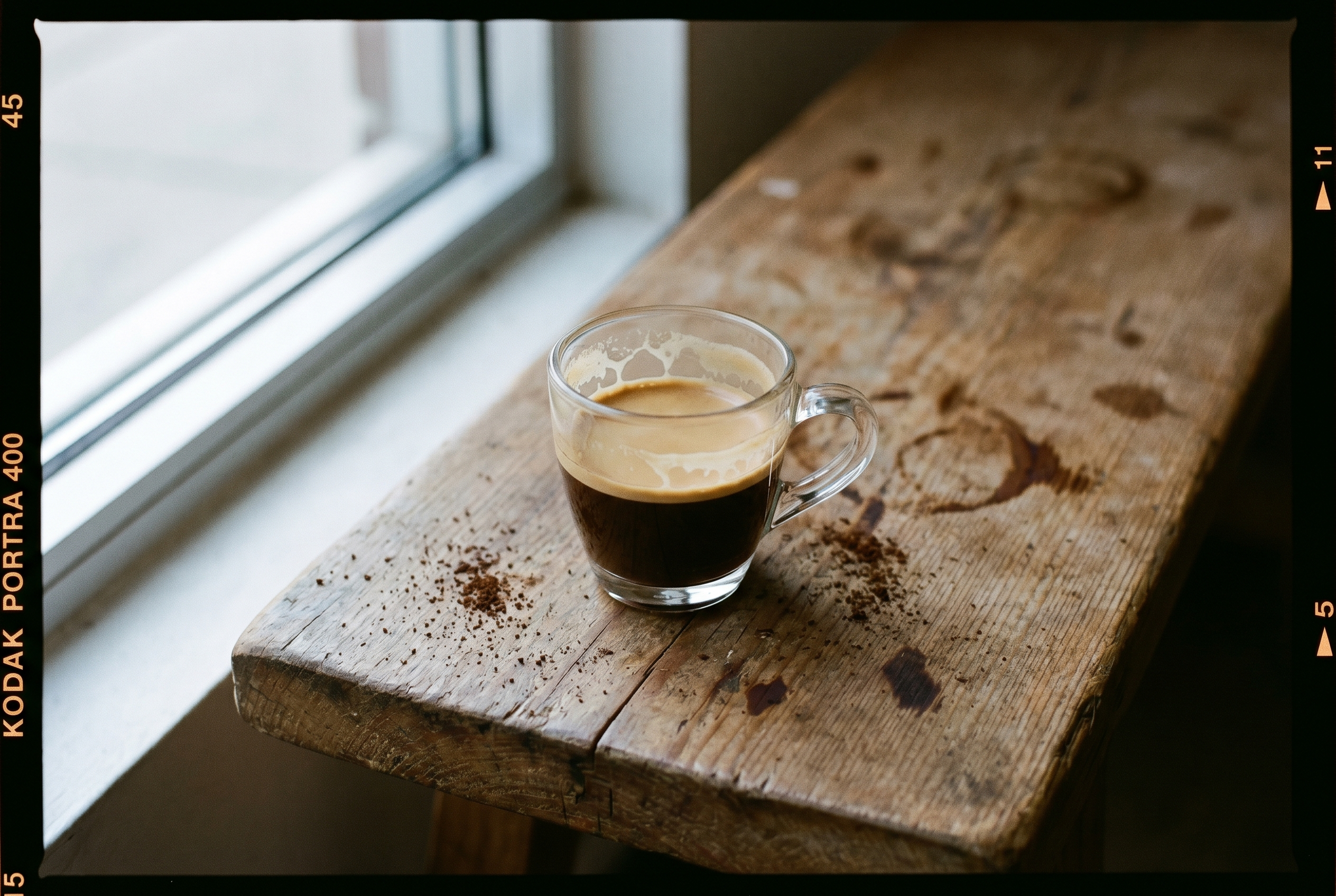 Espresso mit dünner, blass-haselnussfarbener Crema im Glas — Symptom einer zu sauren Extraktion