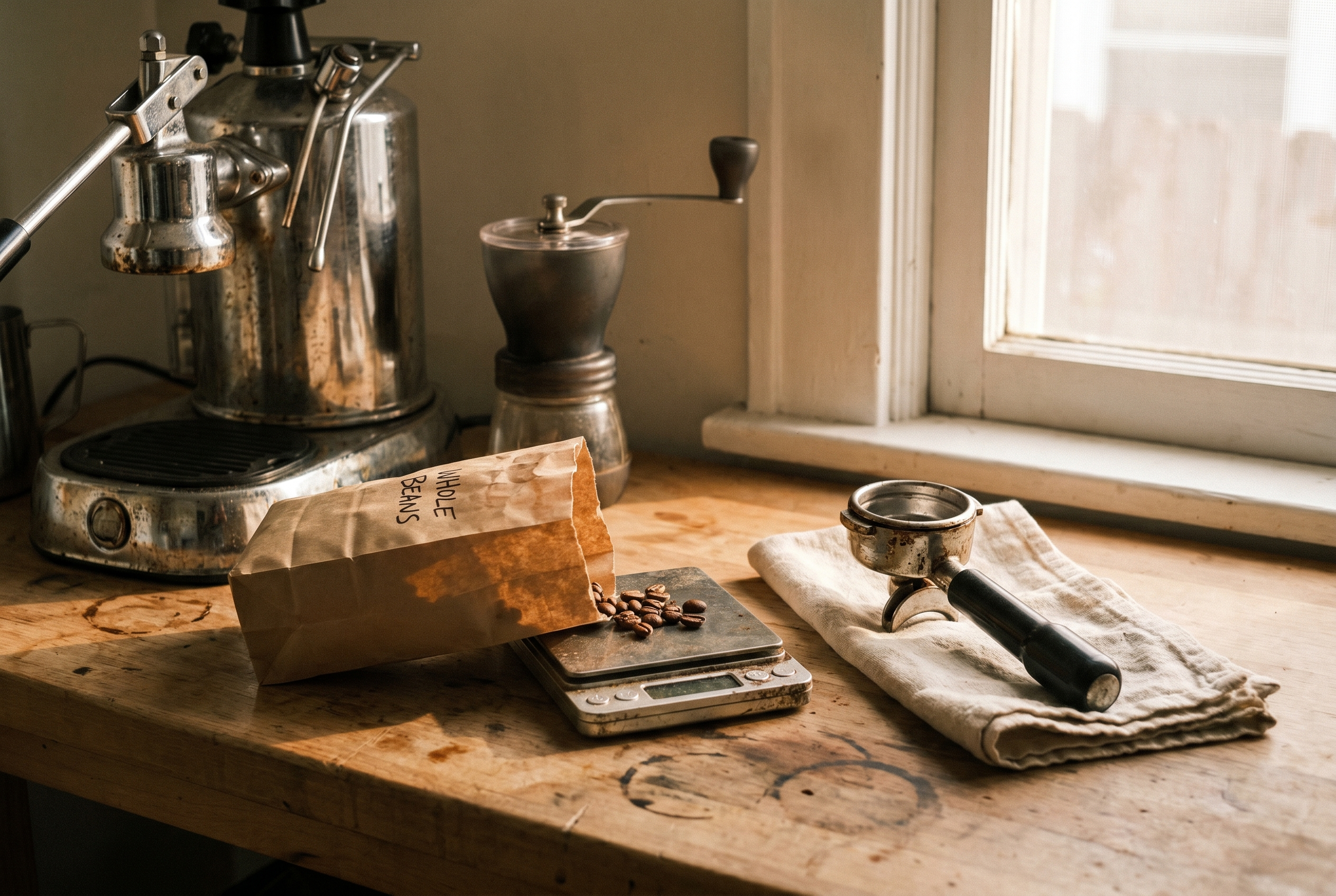 Echte kleine Küche mit Espressomaschine, Mühle, Waage und Portafilter im Morgenlicht